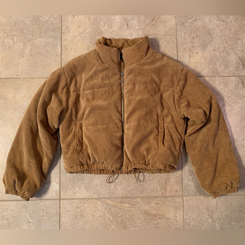 💛 Love Tree Corduroy Cropped Puffer Coat - Golden Tan - Size Large - Picture 3 of 13